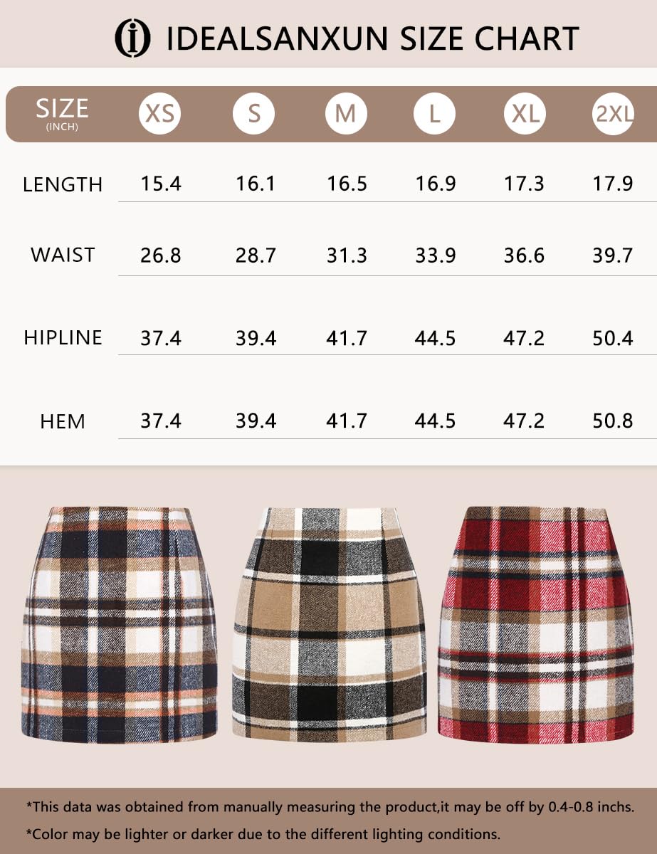 IDEALSANXUN Womens High Waist Plaid Skirt Bodycon Pencil Wool Mini Skirts